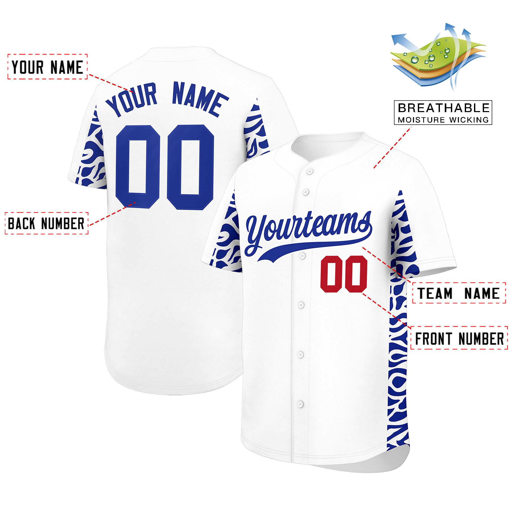 Custom White Royal Personalized Leopard Graffiti Pattern Side Design Authentic Baseball Jersey
