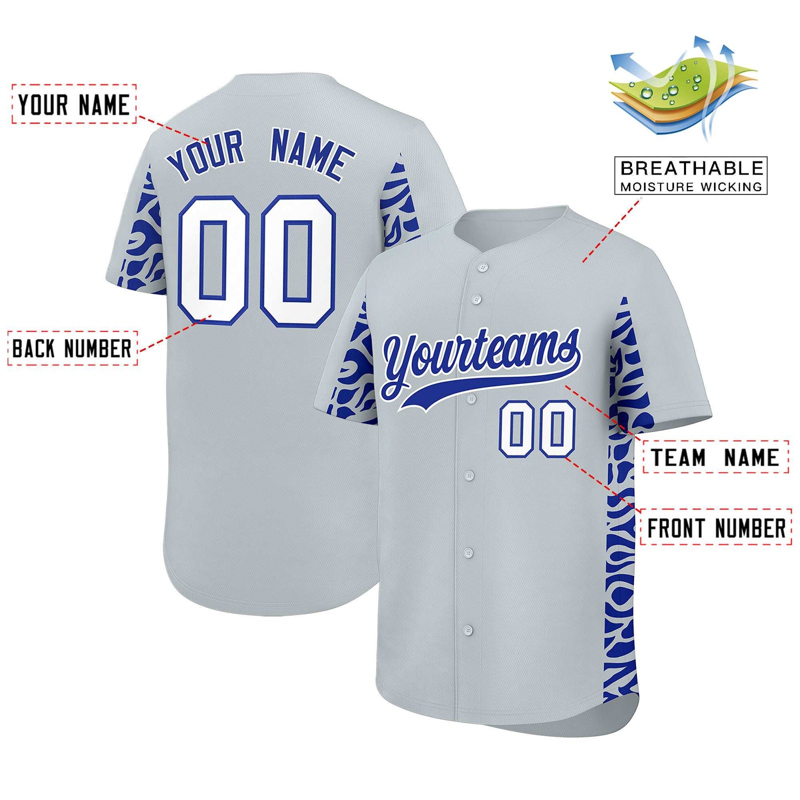 Custom Silver Royal Personalized Leopard Graffiti Pattern Side Design Authentic Baseball Jersey