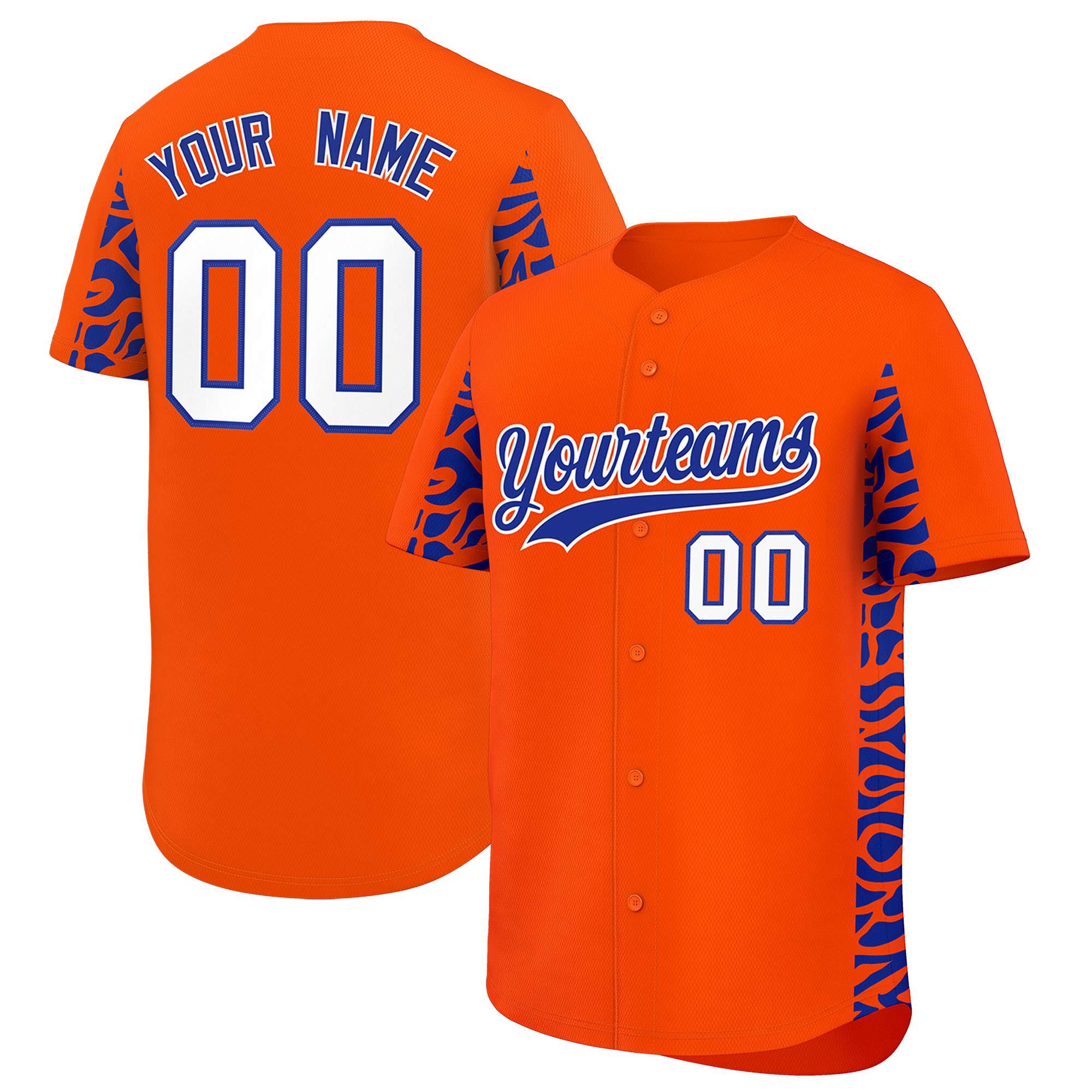 Custom Orange Royal Personalized Leopard Graffiti Pattern Side Design Authentic Baseball Jersey