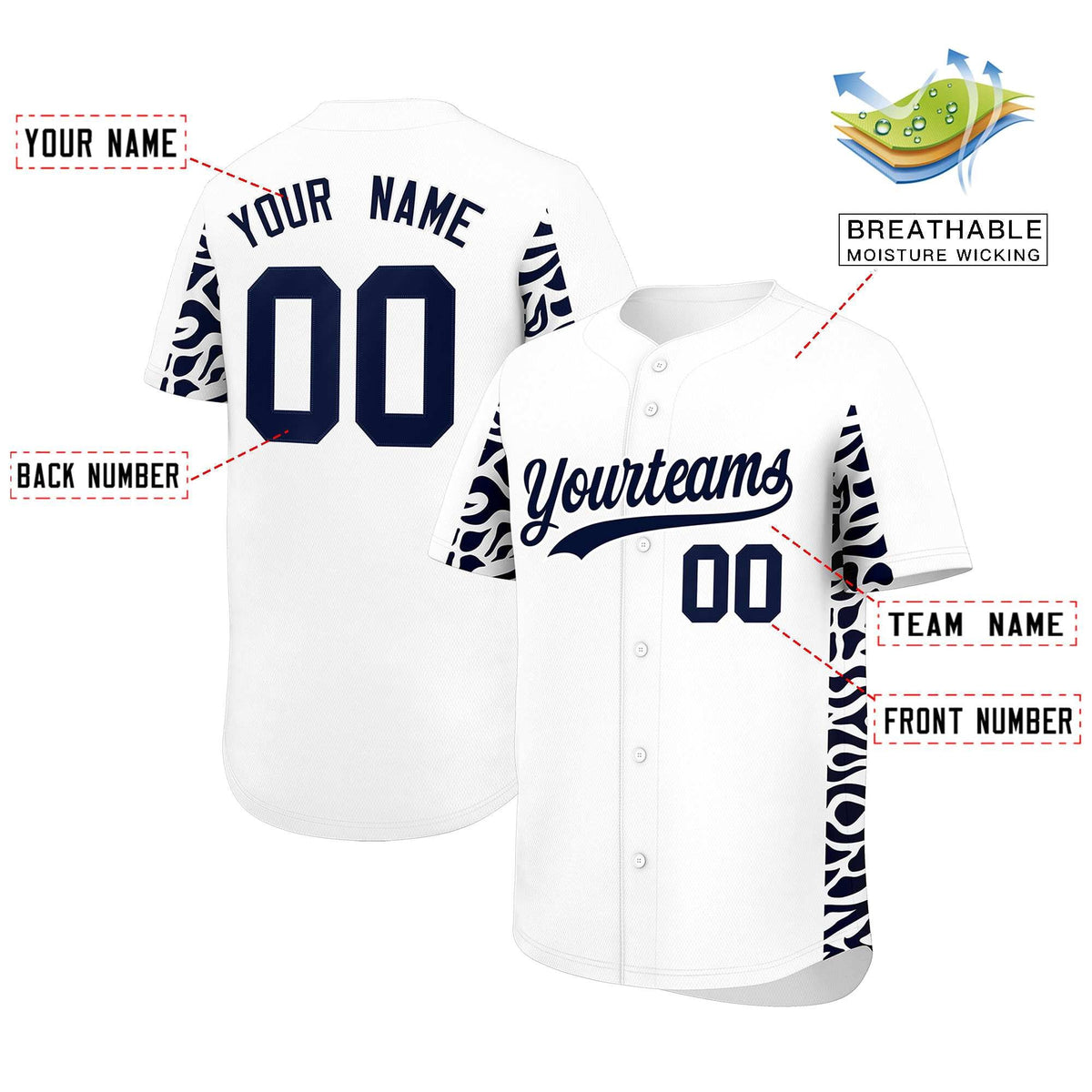Custom White Navy Personalized Leopard Graffiti Pattern Side Design Authentic Baseball Jersey