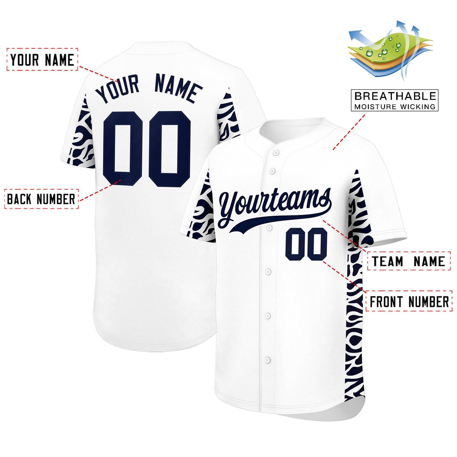 Custom White Navy Personalized Leopard Graffiti Pattern Side Design Authentic Baseball Jersey