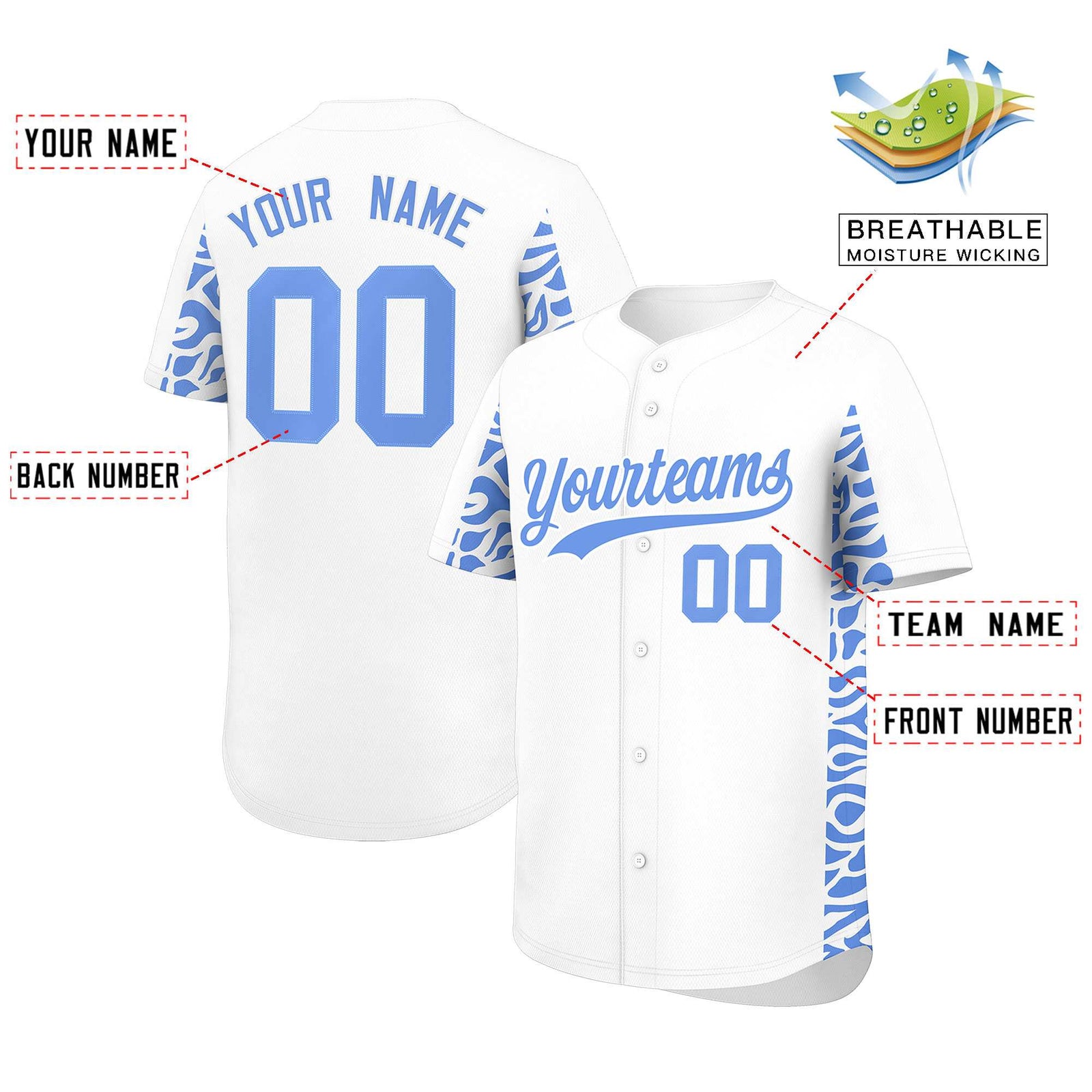 Custom White Powder Blue Personalized Leopard Graffiti Pattern Side Design Authentic Baseball Jersey