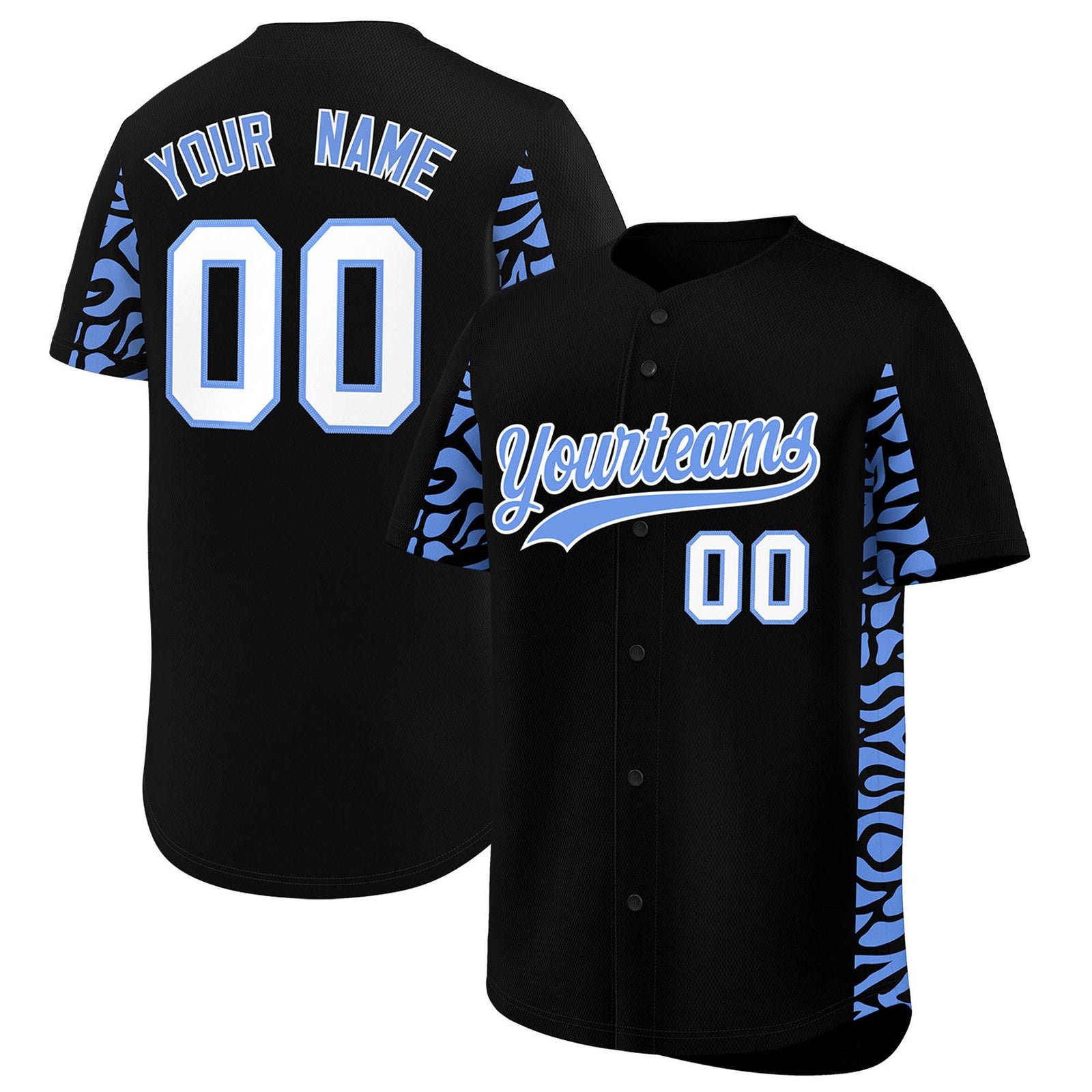 Custom Black Powder Blue Personalized Leopard Graffiti Pattern Side Design Authentic Baseball Jersey