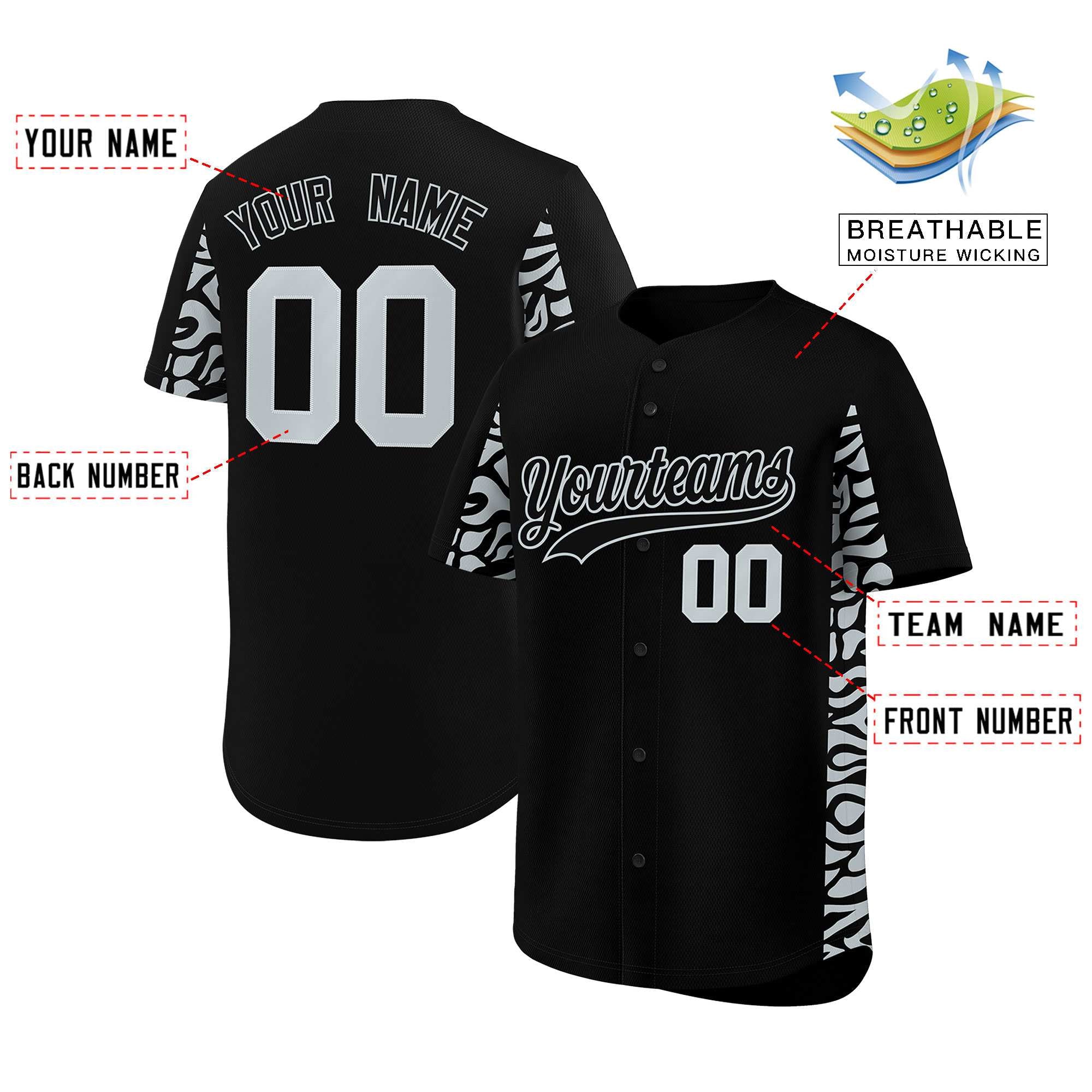 Custom Black Silver Personalized Leopard Graffiti Pattern Side Design Authentic Baseball Jersey