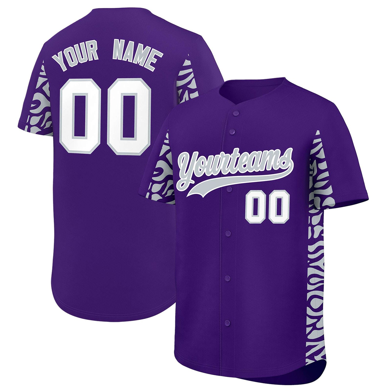 Custom Purple Silver Personalized Leopard Graffiti Pattern Side Design Authentic Baseball Jersey