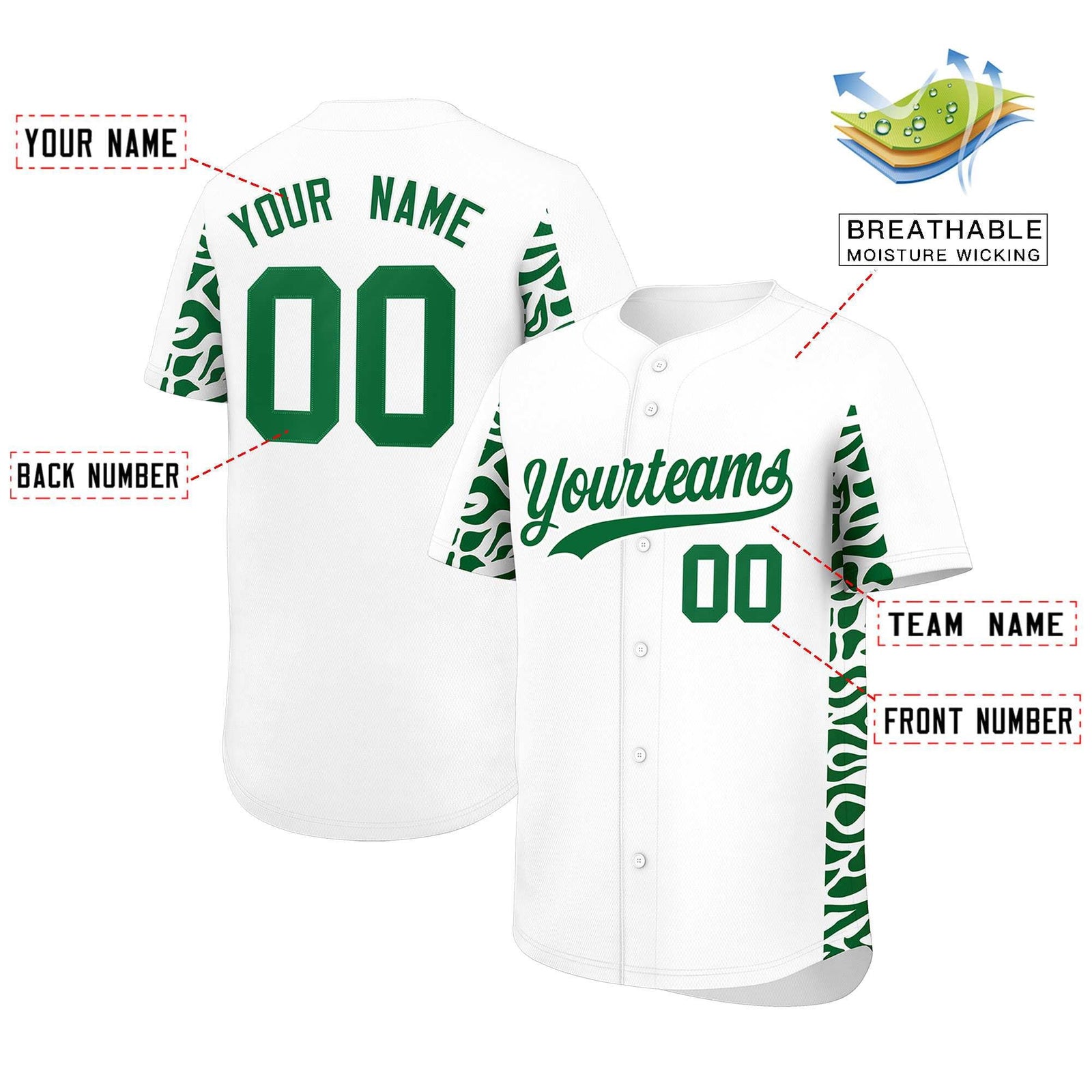 Custom White Kelly Green Personalized Leopard Graffiti Pattern Side Design Authentic Baseball Jersey