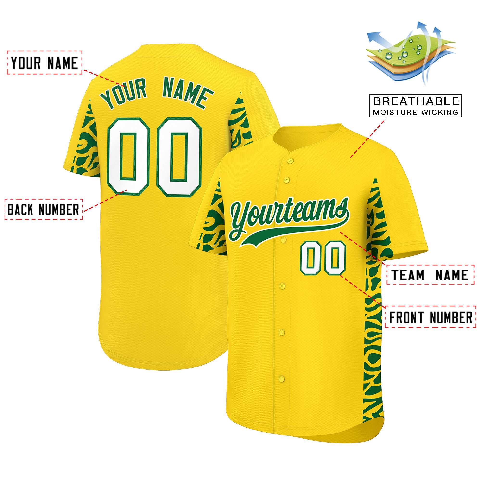 Custom Gold Kelly Green Personalized Leopard Graffiti Pattern Side Design Authentic Baseball Jersey