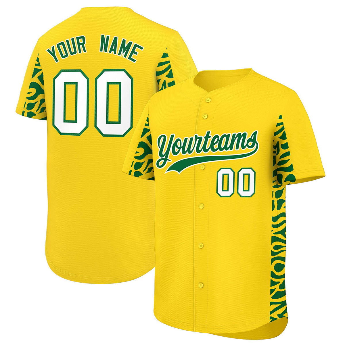 Custom Gold Kelly Green Personalized Leopard Graffiti Pattern Side Design Authentic Baseball Jersey