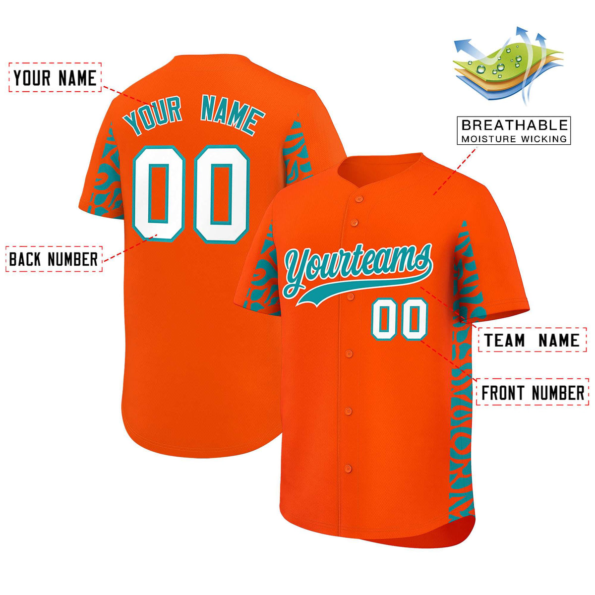 Custom Orange Aqua Personalized Leopard Graffiti Pattern Side Design Authentic Baseball Jersey