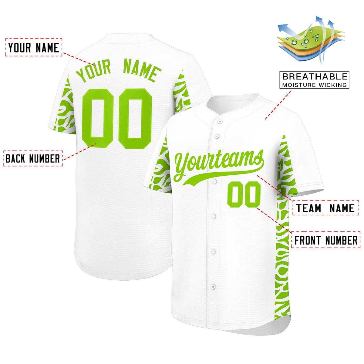 Custom White Neon Green Personalized Leopard Graffiti Pattern Side Design Authentic Baseball Jersey