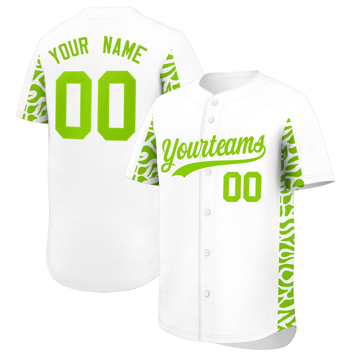 Custom White Neon Green Personalized Leopard Graffiti Pattern Side Design Authentic Baseball Jersey