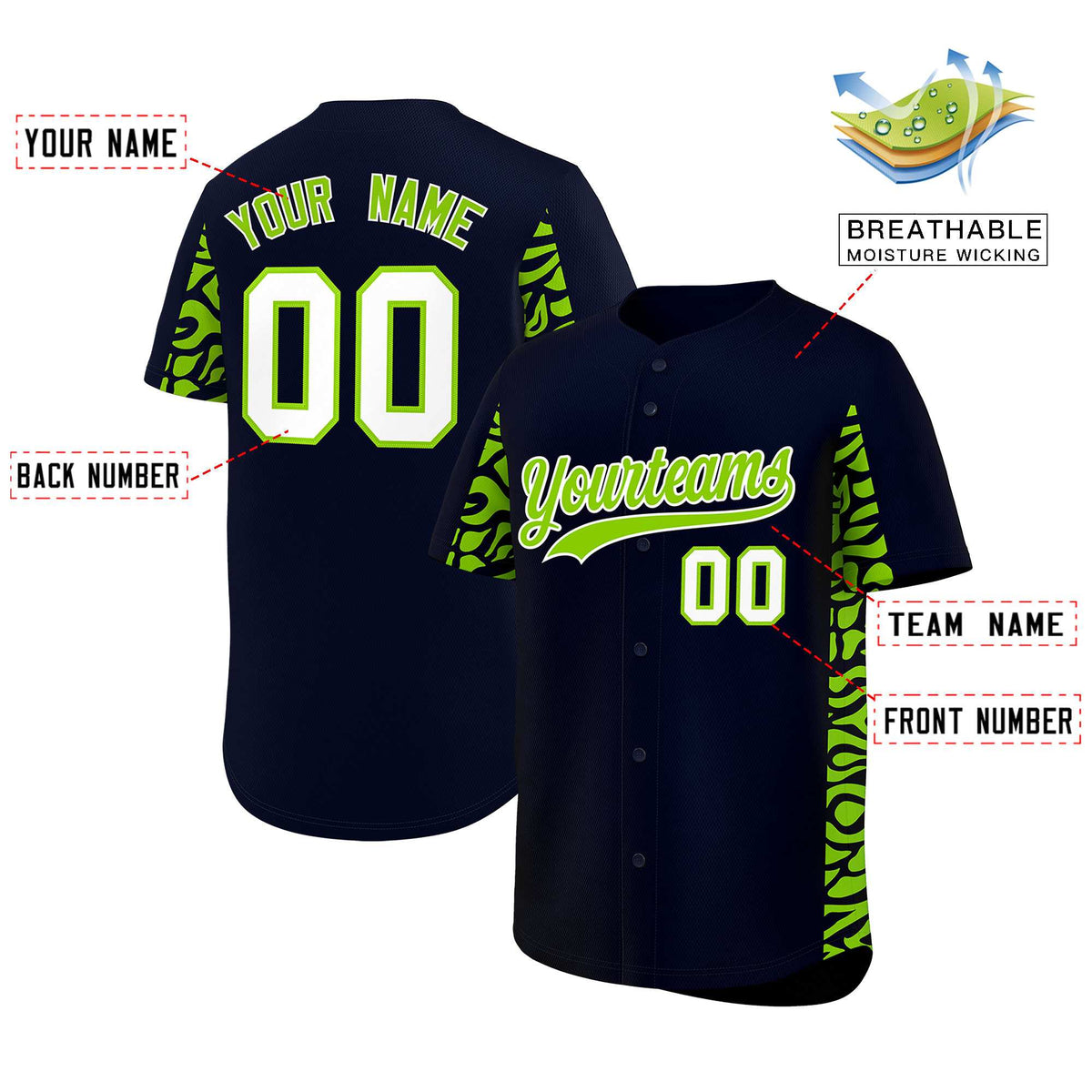 Custom Navy Neon Green Personalized Leopard Graffiti Pattern Side Design Authentic Baseball Jersey