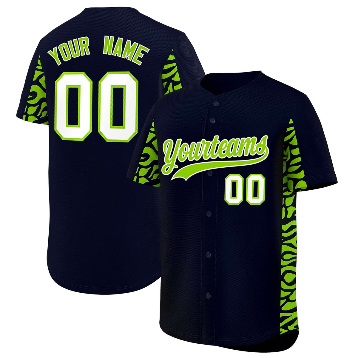 Custom Navy Neon Green Personalized Leopard Graffiti Pattern Side Design Authentic Baseball Jersey