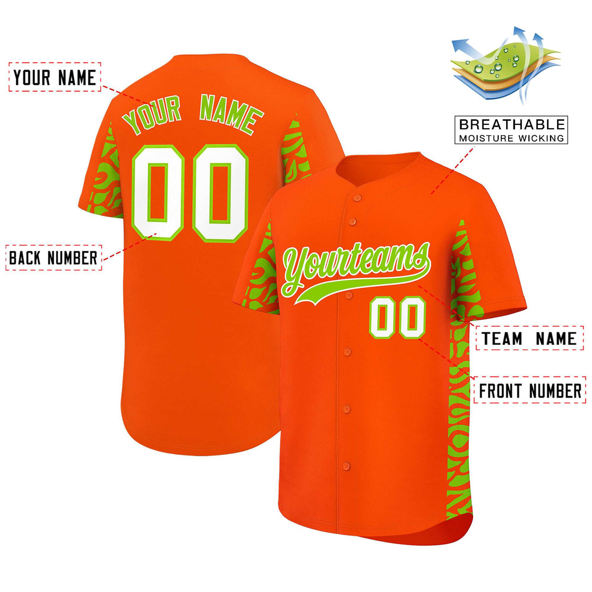 Custom Orange Neon Green Personalized Leopard Graffiti Pattern Side Design Authentic Baseball Jersey