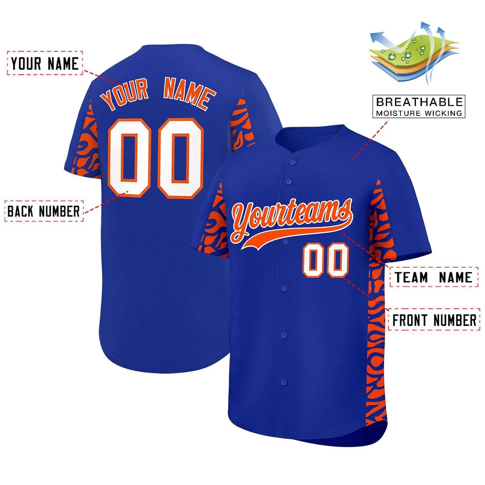 Custom Royal Orange Personalized Leopard Graffiti Pattern Side Design Authentic Baseball Jersey