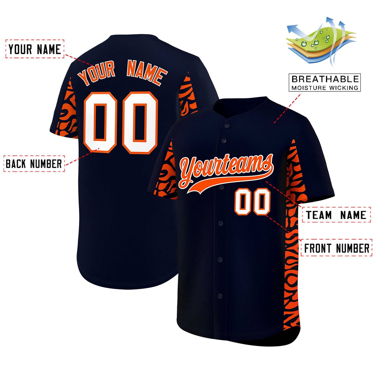 Custom Navy Orange Personalized Leopard Graffiti Pattern Side Design Authentic Baseball Jersey