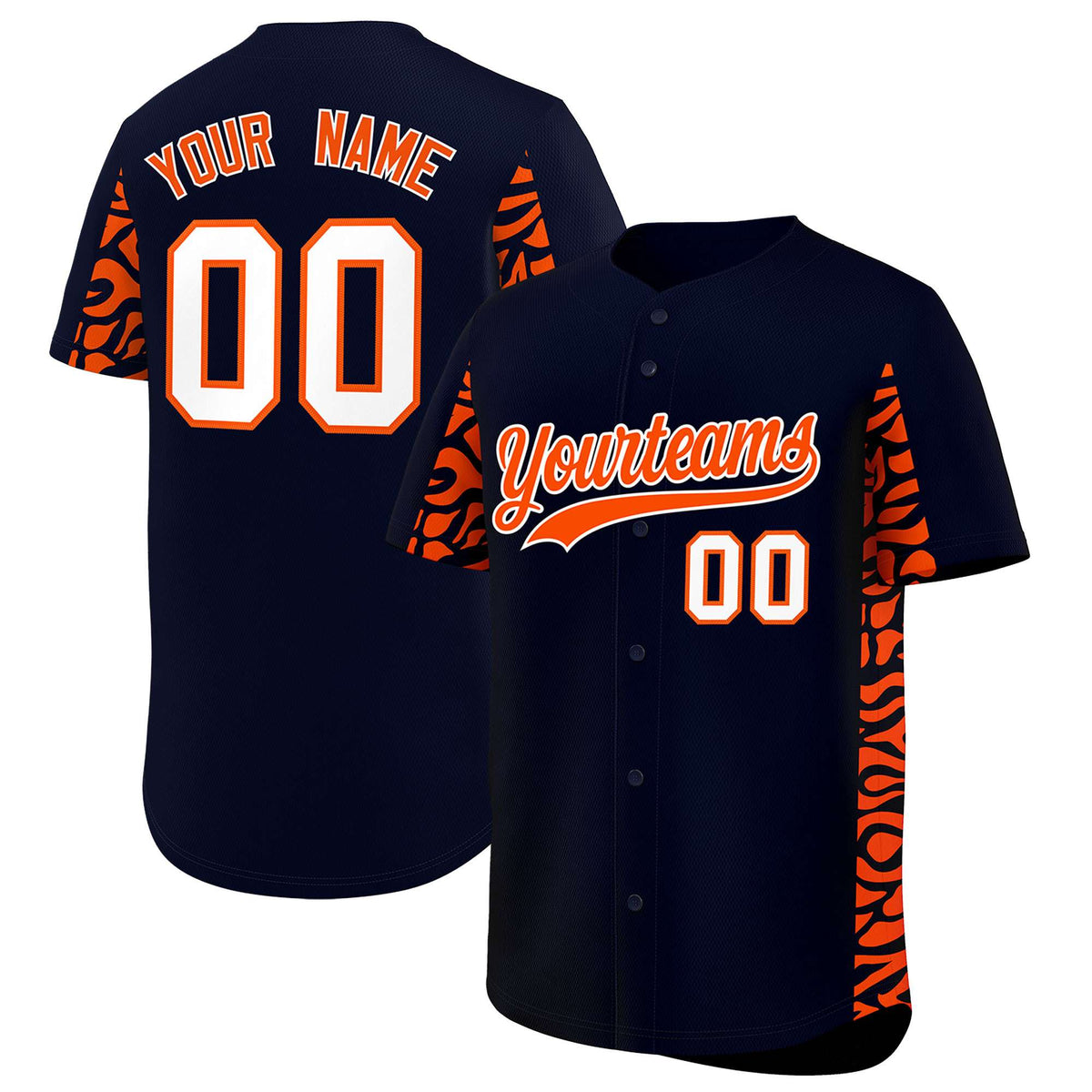 Custom Navy Orange Personalized Leopard Graffiti Pattern Side Design Authentic Baseball Jersey