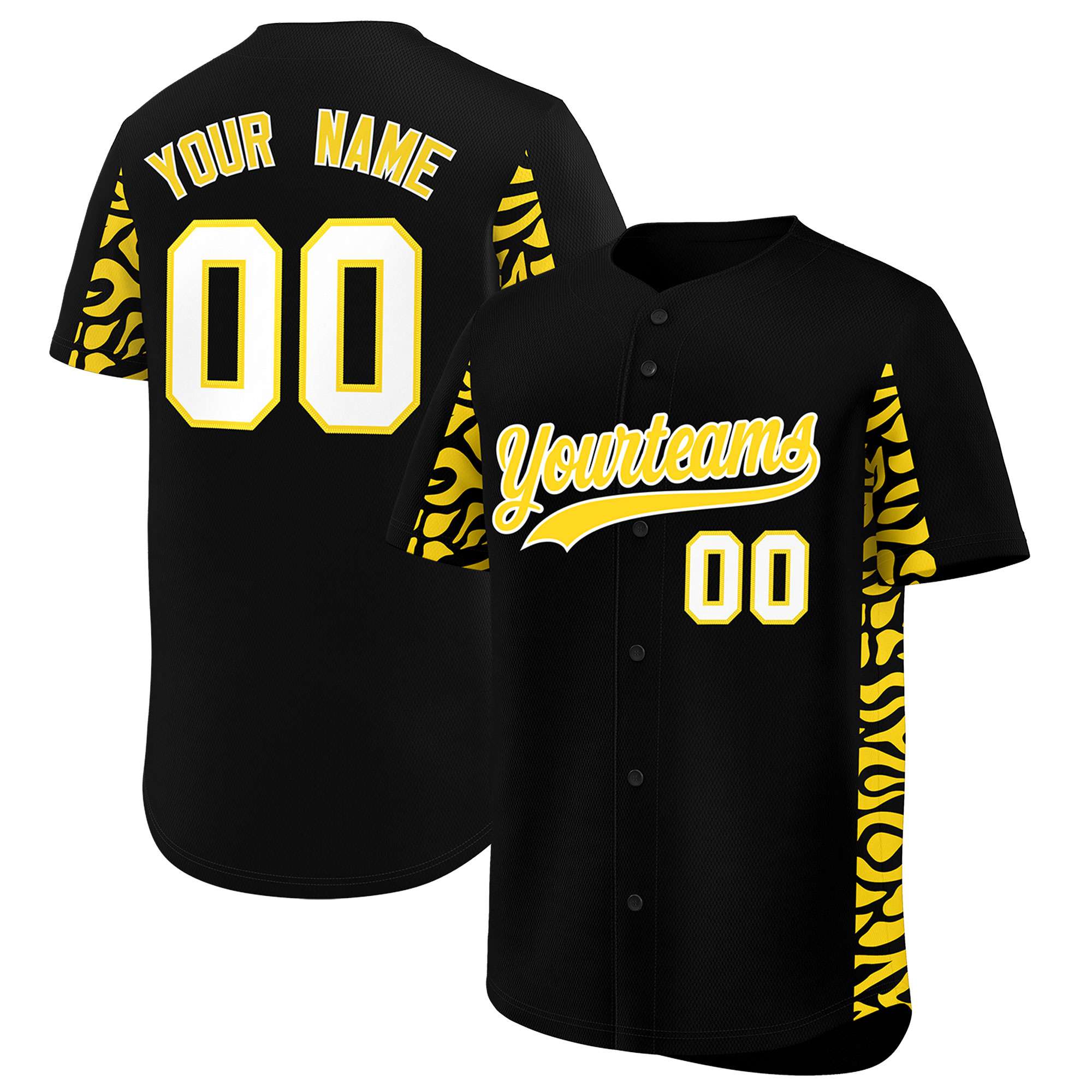 Custom Black Gold Personalized Leopard Graffiti Pattern Side Design Authentic Baseball Jersey