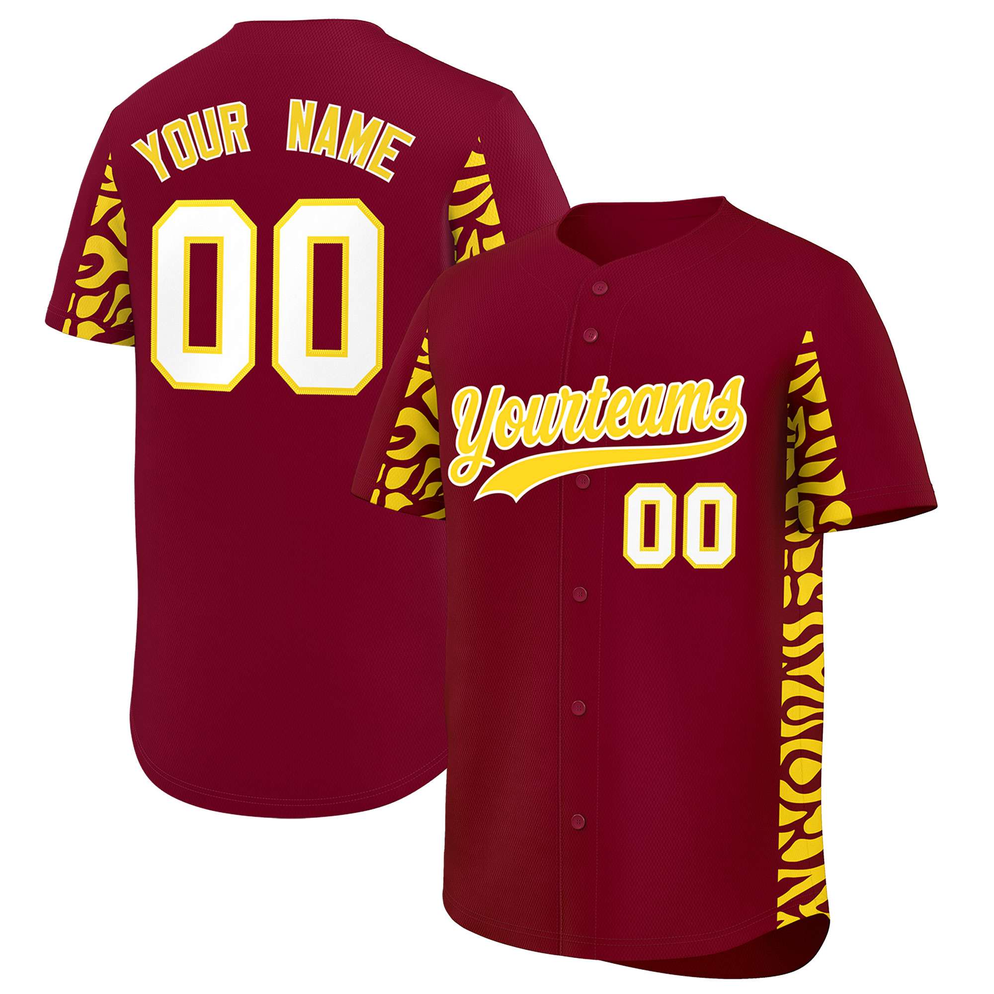 Custom Crimson Gold Personalized Leopard Graffiti Pattern Side Design Authentic Baseball Jersey