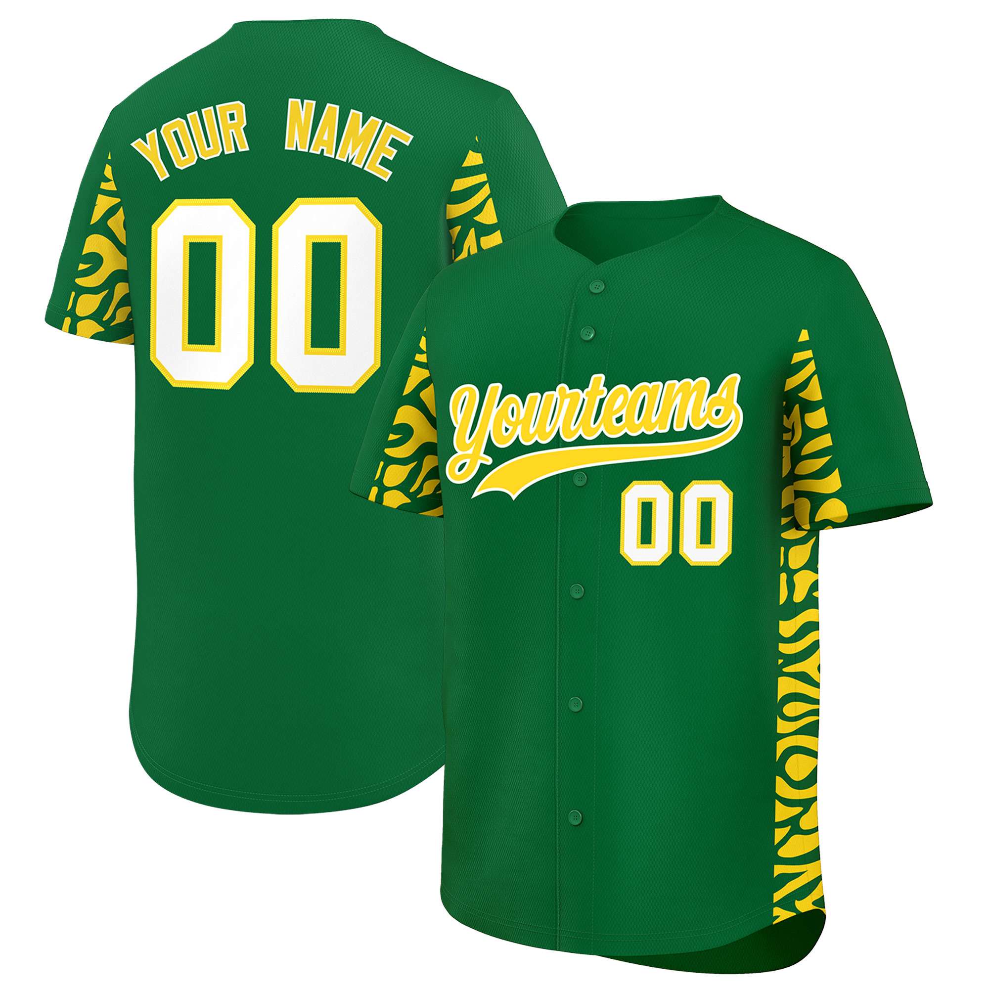 Custom Kelly Green Gold Personalized Leopard Graffiti Pattern Side Design Authentic Baseball Jersey