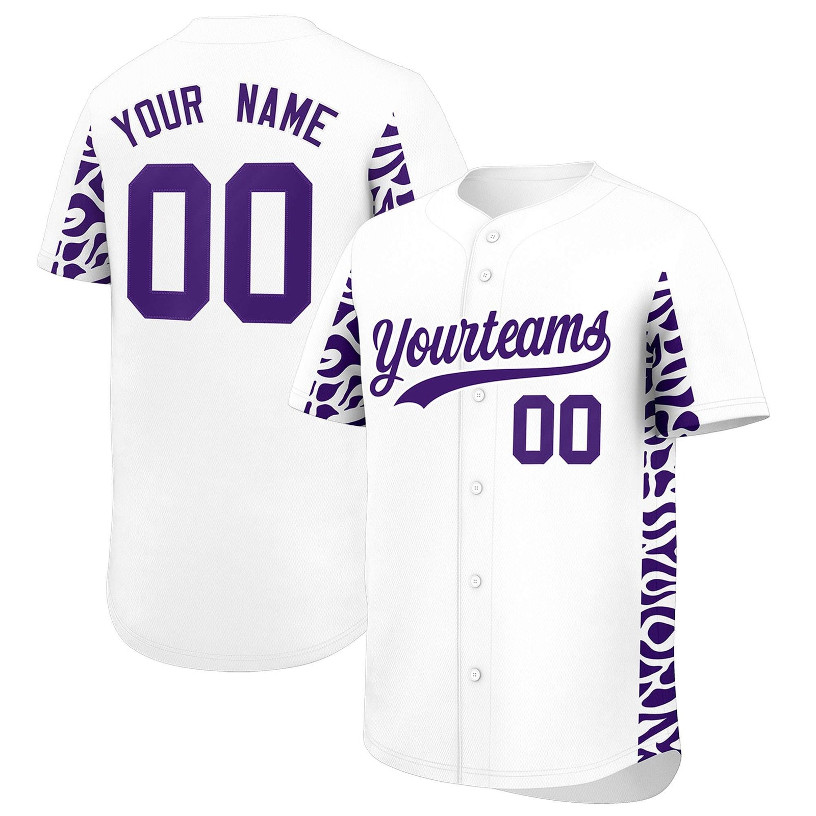 Custom White Purple Personalized Leopard Graffiti Pattern Side Design Authentic Baseball Jersey
