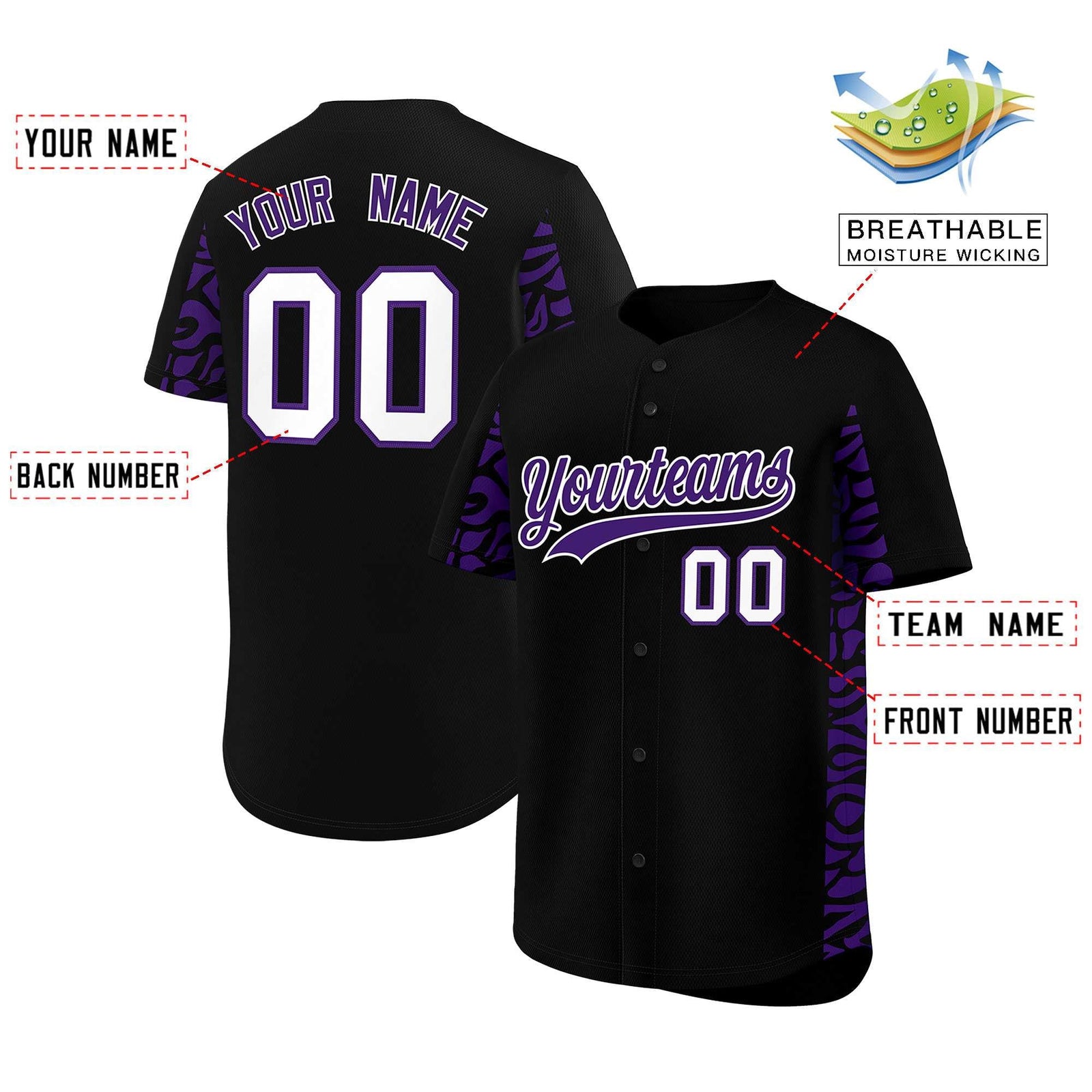 Custom Black Purple Personalized Leopard Graffiti Pattern Side Design Authentic Baseball Jersey