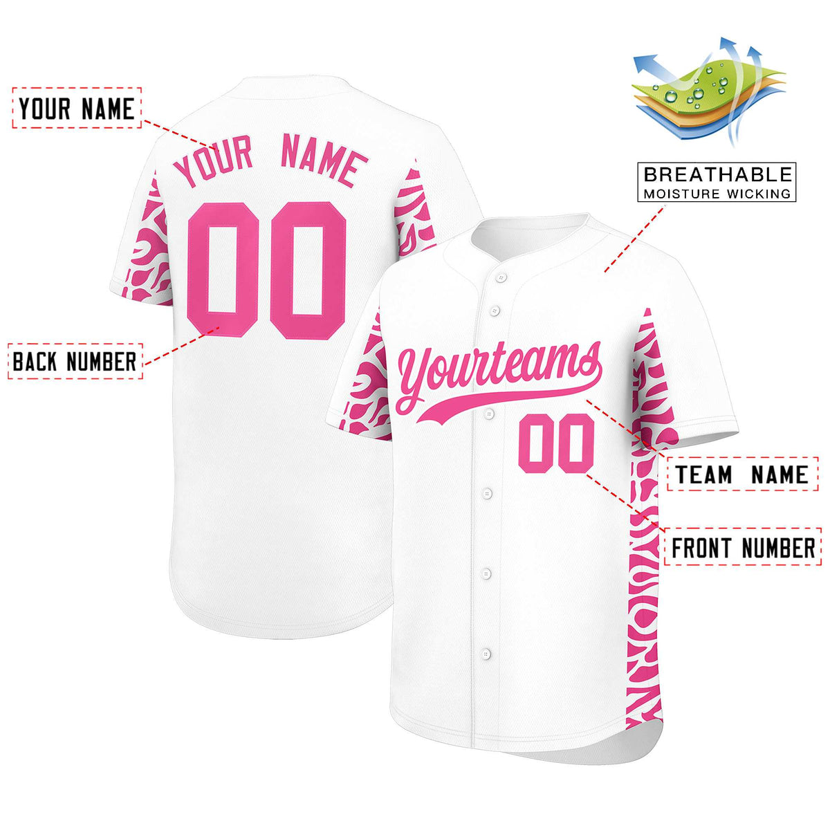 Custom White Pink Personalized Leopard Graffiti Pattern Side Design Authentic Baseball Jersey