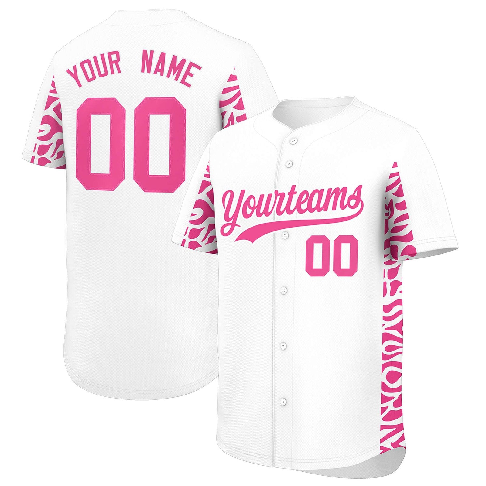 Custom White Pink Personalized Leopard Graffiti Pattern Side Design Authentic Baseball Jersey