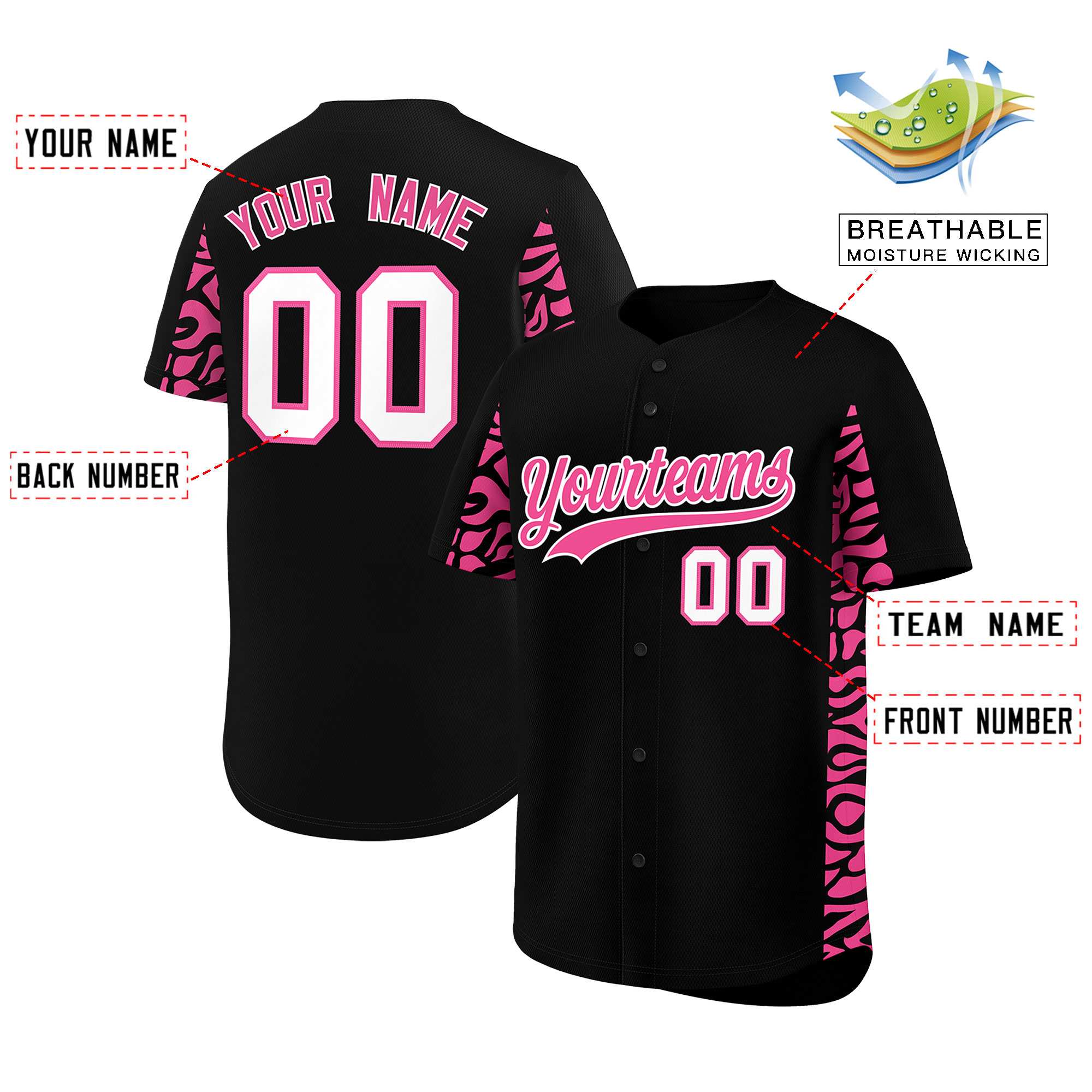 Custom Black Pink Personalized Leopard Graffiti Pattern Side Design Authentic Baseball Jersey