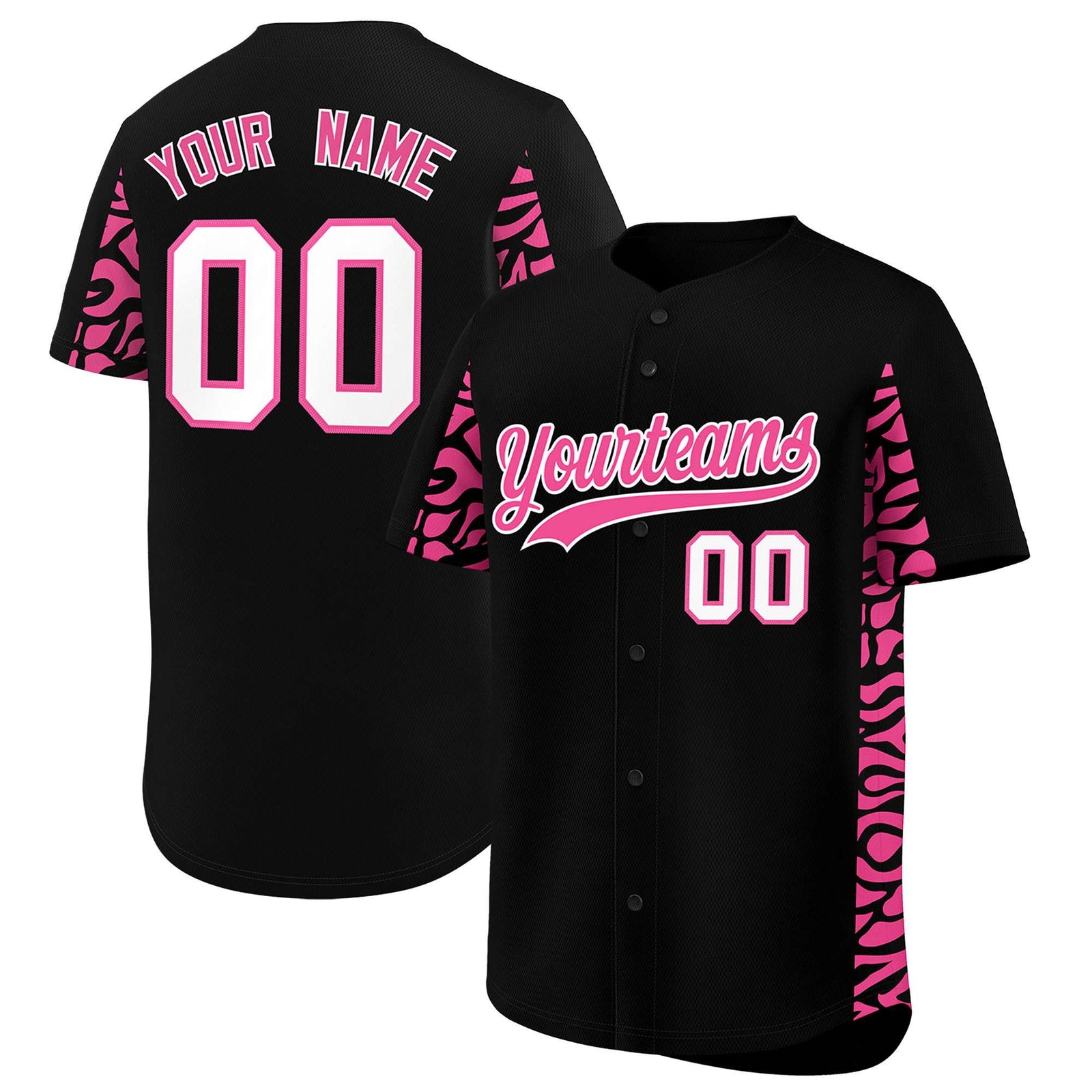 Custom Black Pink Personalized Leopard Graffiti Pattern Side Design Authentic Baseball Jersey