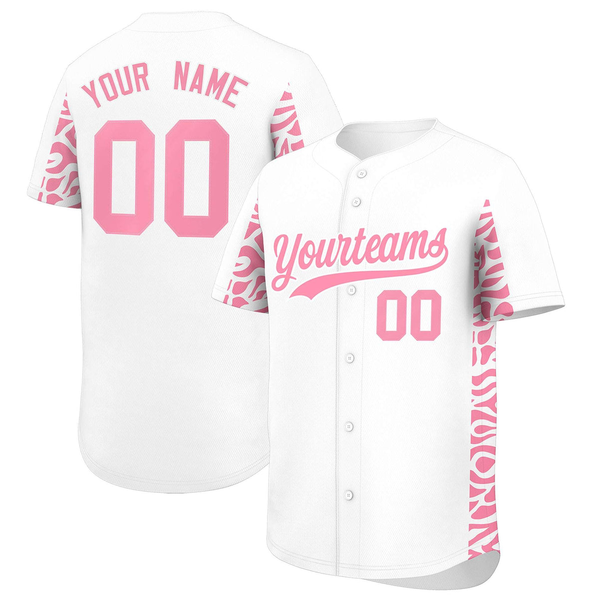 Custom White Light Pink Personalized Leopard Graffiti Pattern Side Design Authentic Baseball Jersey