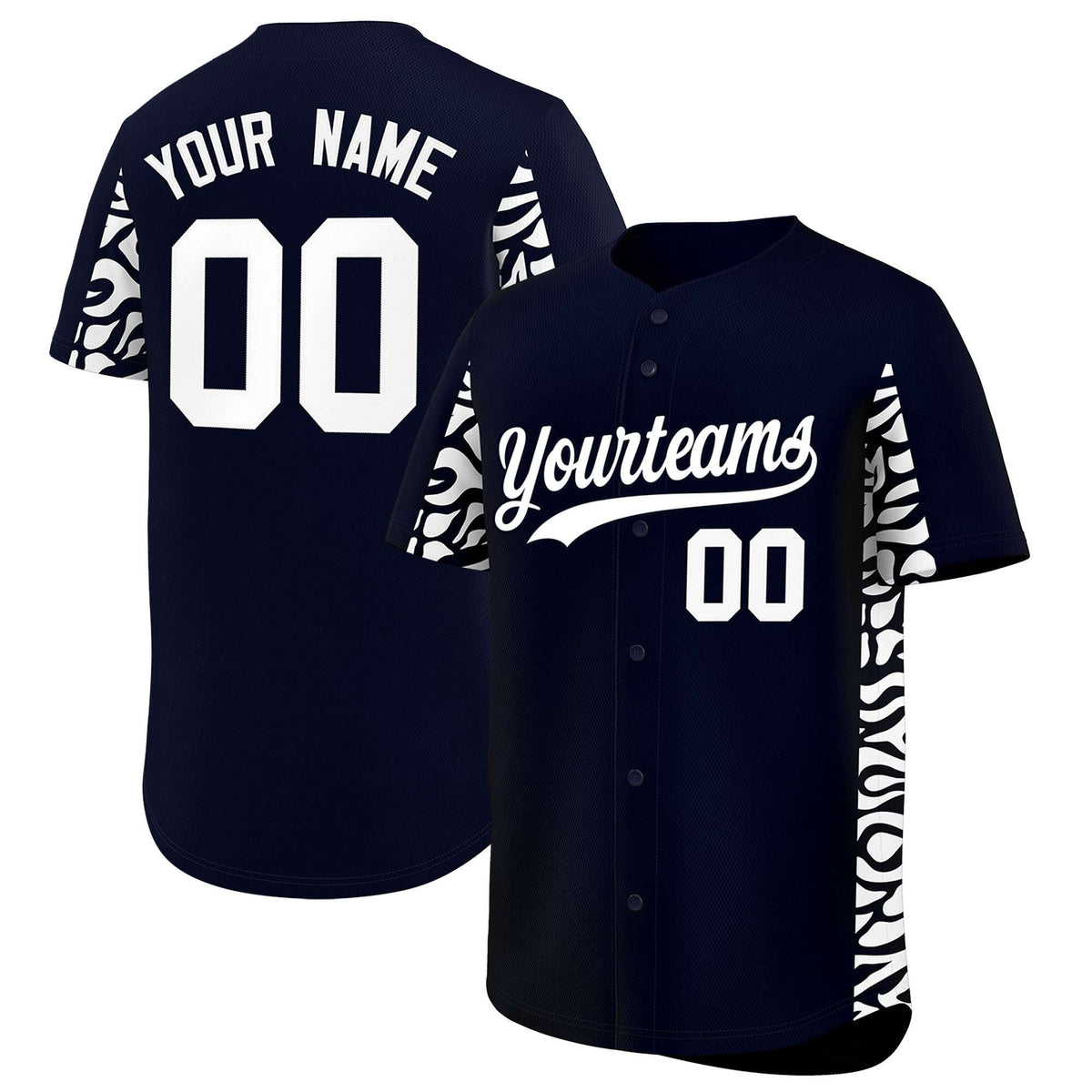Custom Navy White Personalized Leopard Graffiti Pattern Side Design Authentic Baseball Jersey