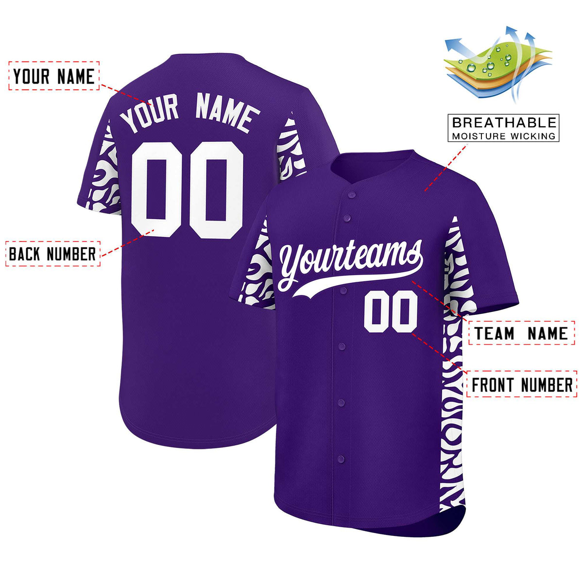 Custom Purple White Personalized Leopard Graffiti Pattern Side Design Authentic Baseball Jersey