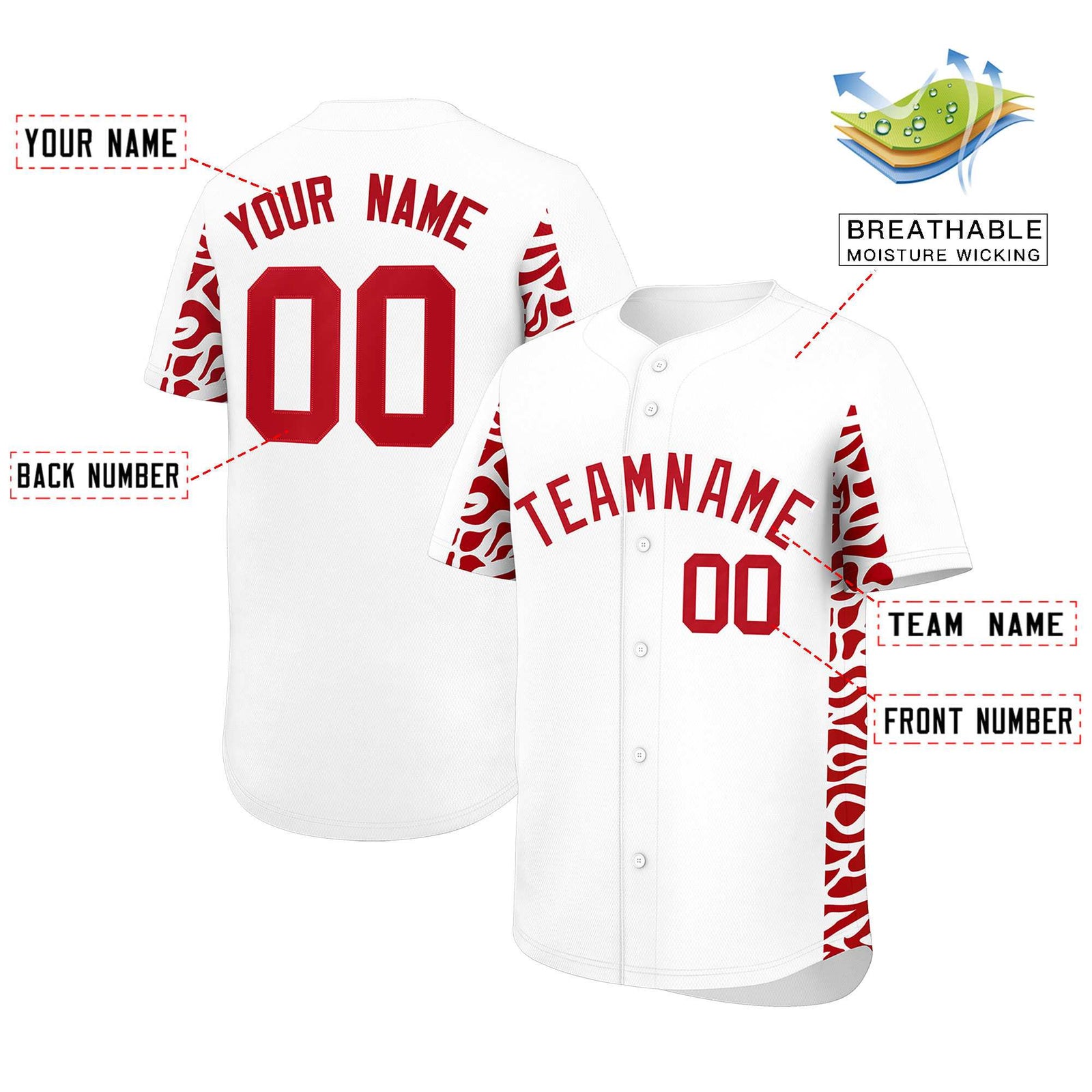 Custom White Red Personalized Leopard Graffiti Pattern Side Design Authentic Baseball Jersey