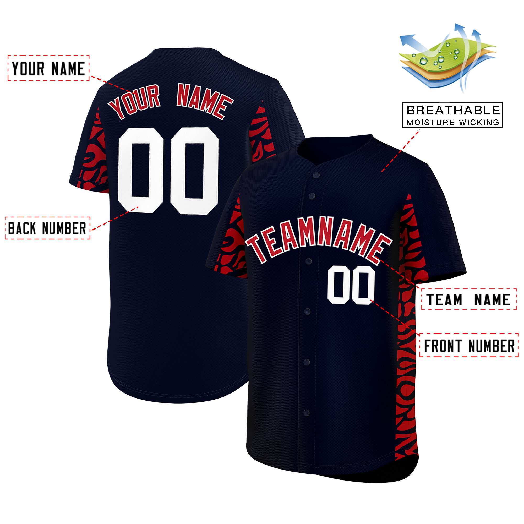 Custom Navy Red Personalized Leopard Graffiti Pattern Side Design Authentic Baseball Jersey