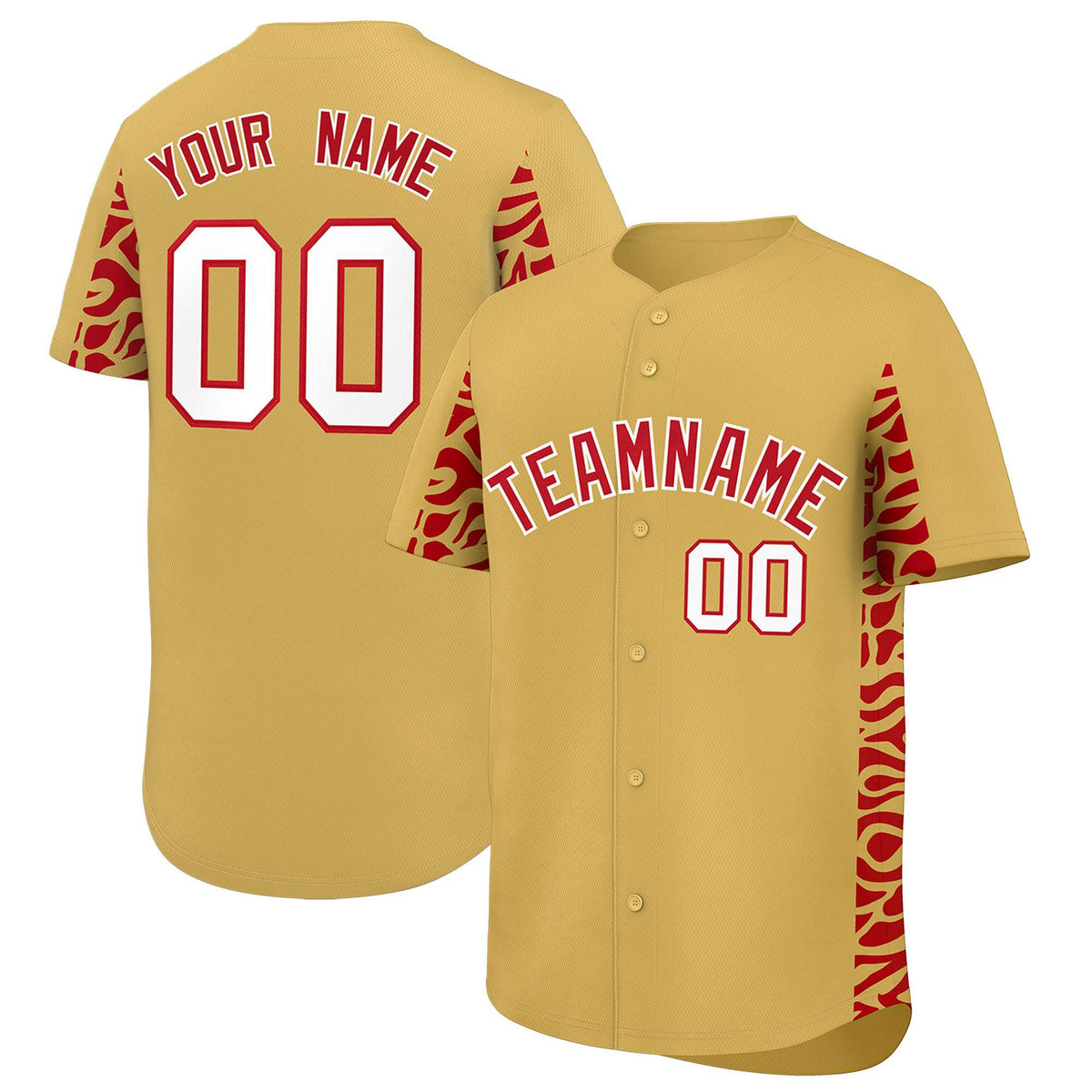 Custom Old Gold Red Personalized Leopard Graffiti Pattern Side Design Authentic Baseball Jersey