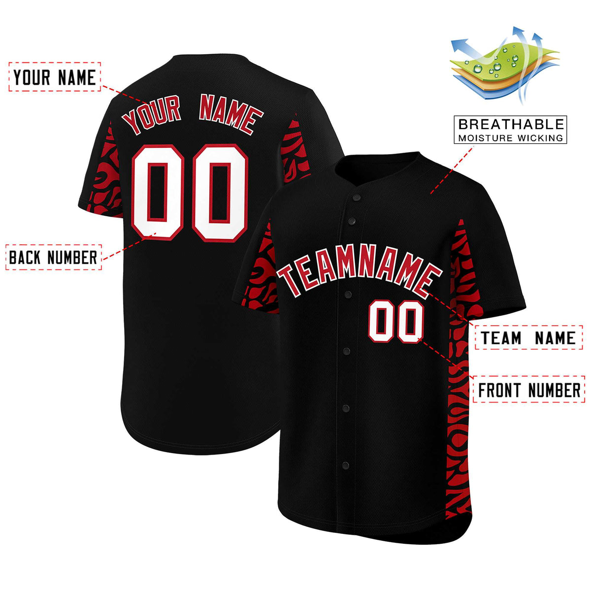 Custom Black Red Personalized Leopard Graffiti Pattern Side Design Authentic Baseball Jersey