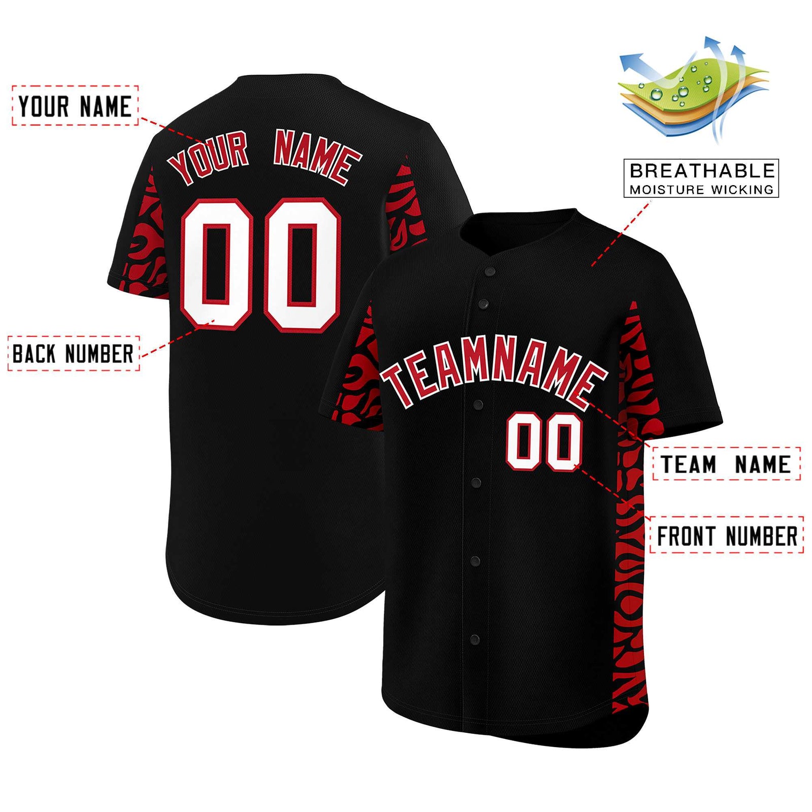Custom Black Red Personalized Leopard Graffiti Pattern Side Design Authentic Baseball Jersey