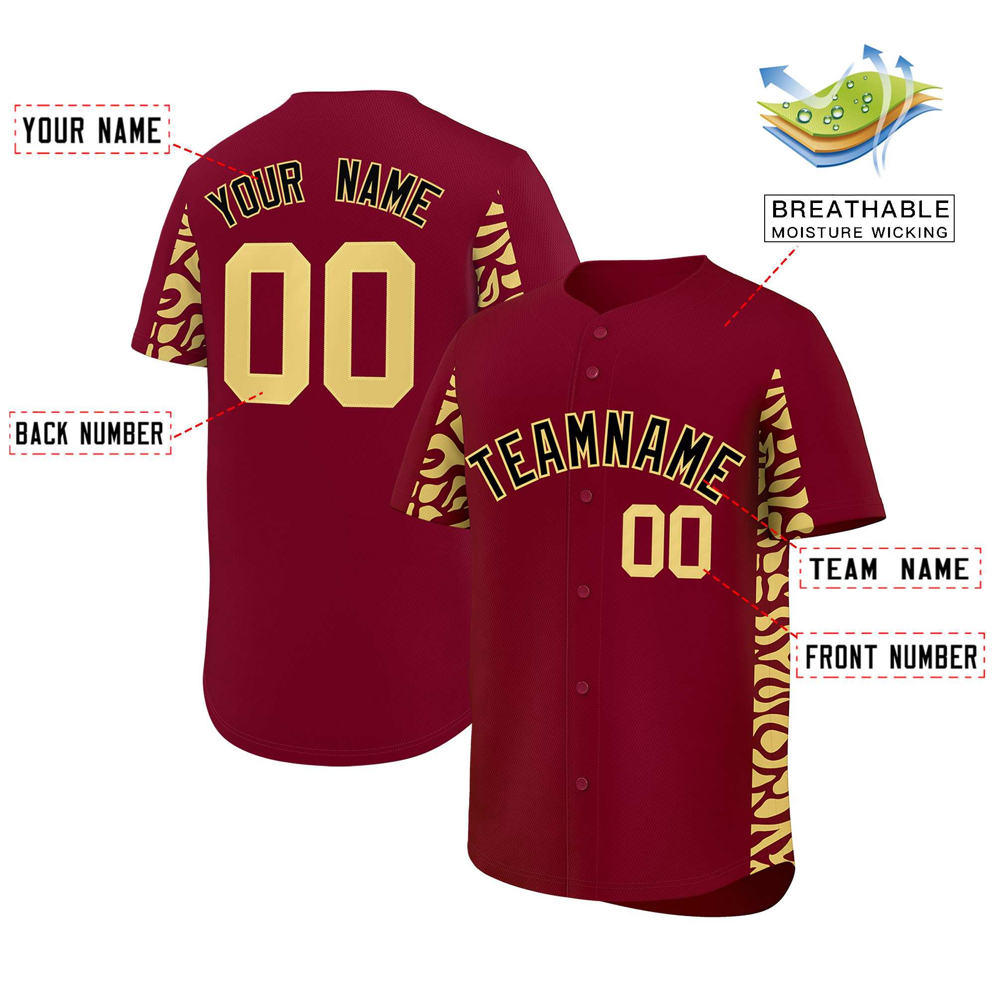 Custom Crimson Khaki Personalized Leopard Graffiti Pattern Side Design Authentic Baseball Jersey