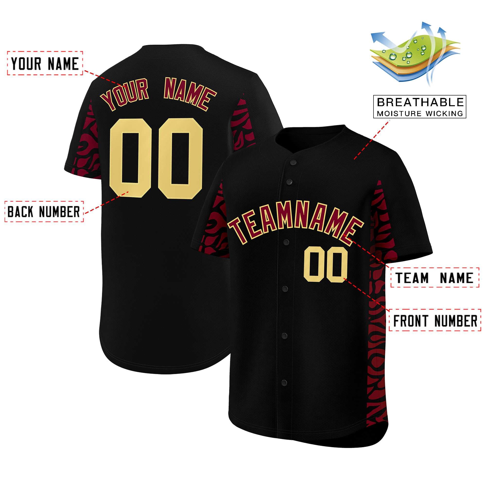 Custom Black Crimson Personalized Leopard Graffiti Pattern Side Design Authentic Baseball Jersey