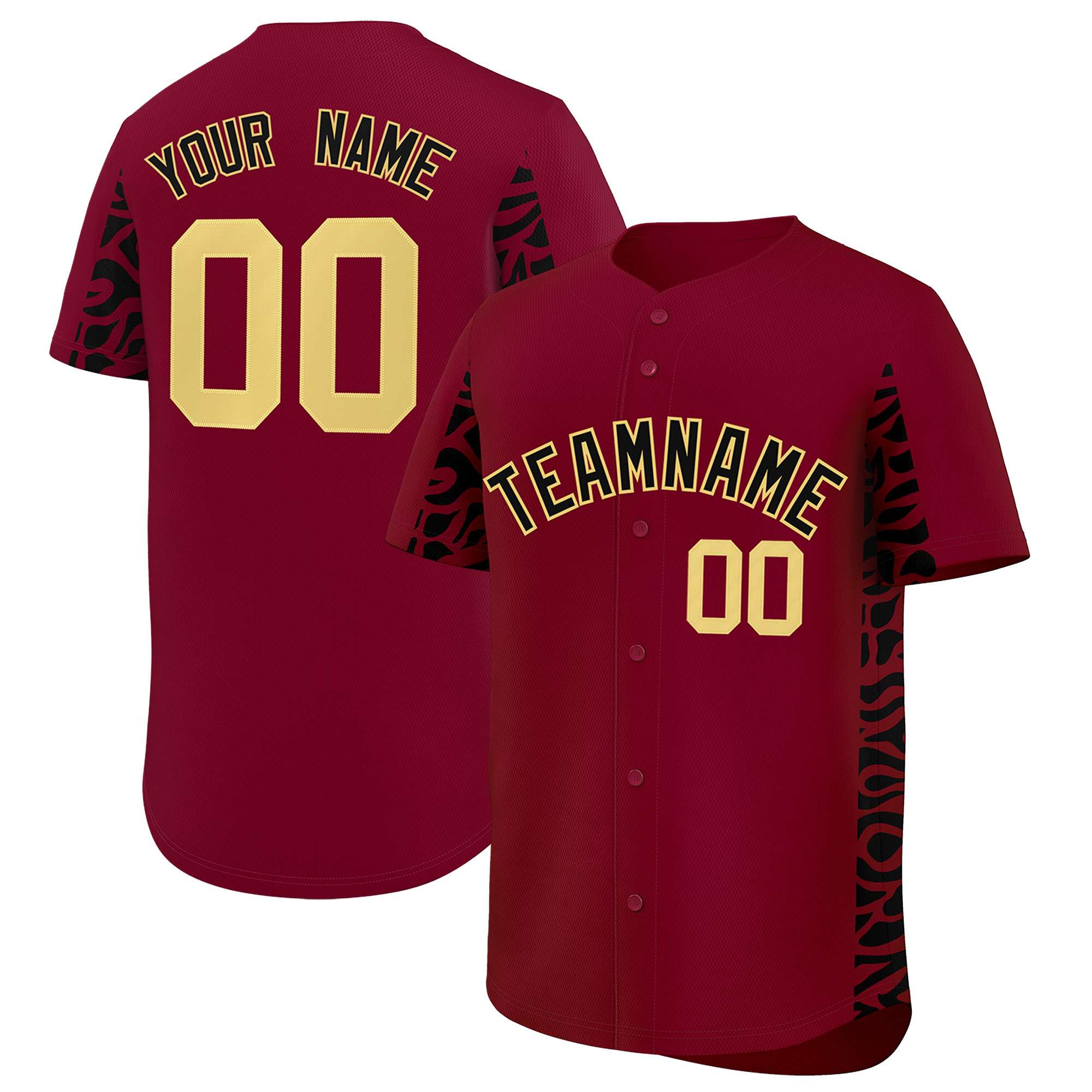 Custom Crimson Black Personalized Leopard Graffiti Pattern Side Design Authentic Baseball Jersey