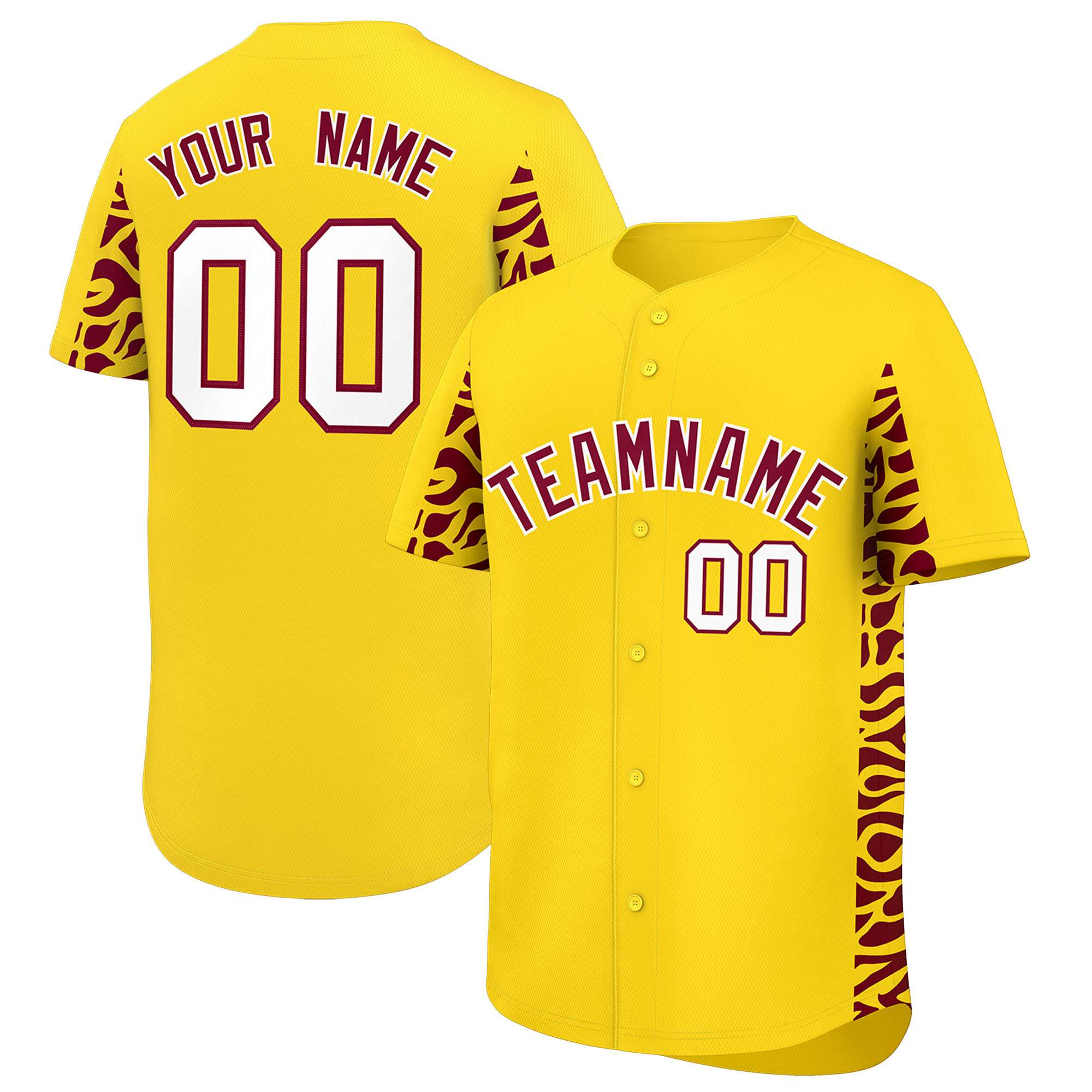 Custom Gold Crimson Personalized Leopard Graffiti Pattern Side Design Authentic Baseball Jersey