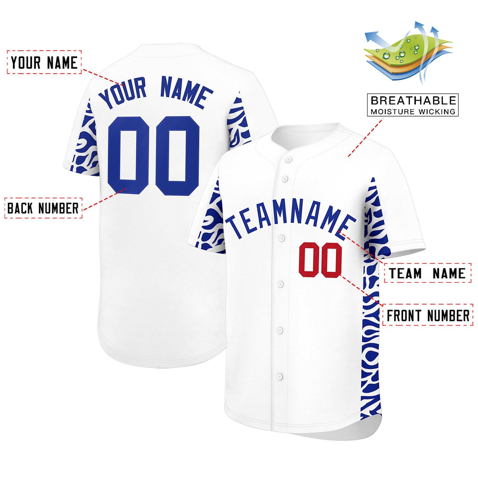 Custom White Royal Personalized Leopard Graffiti Pattern Side Design Authentic Baseball Jersey