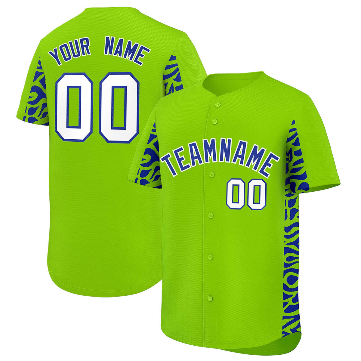 Custom Neon Green Royal Personalized Leopard Graffiti Pattern Side Design Authentic Baseball Jersey