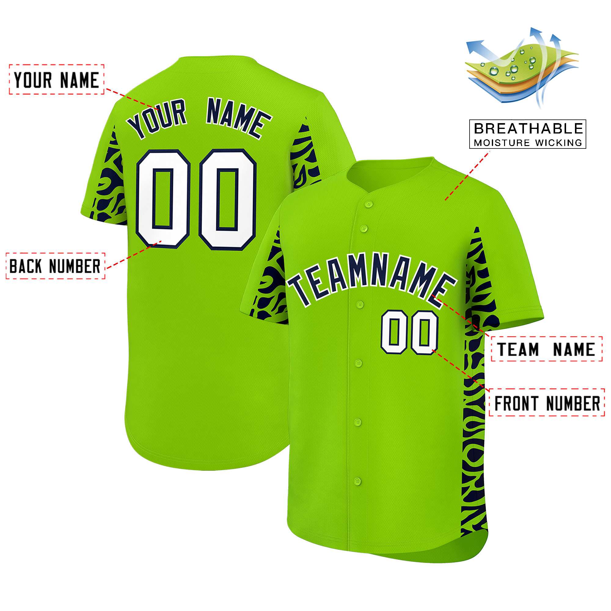 Custom Neon Green Navy Personalized Leopard Graffiti Pattern Side Design Authentic Baseball Jersey