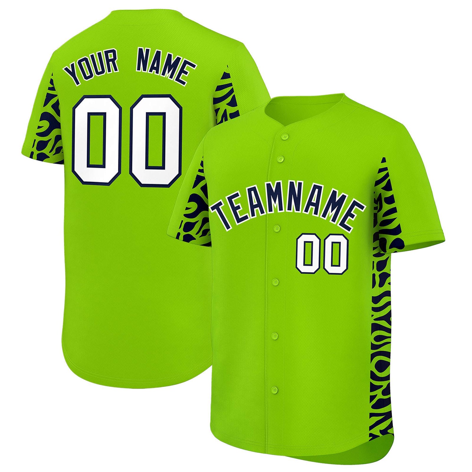 Custom Neon Green Navy Personalized Leopard Graffiti Pattern Side Design Authentic Baseball Jersey