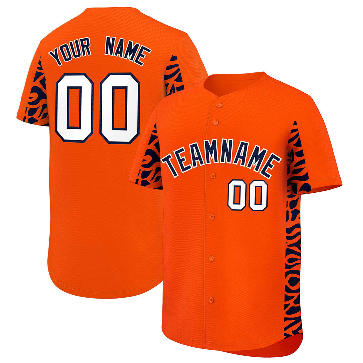 Custom Orange Navy Personalized Leopard Graffiti Pattern Side Design Authentic Baseball Jersey