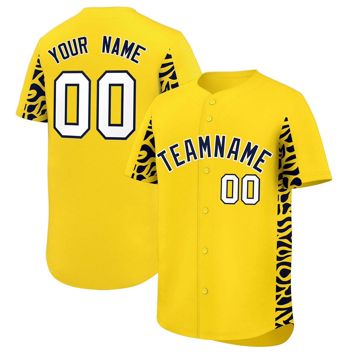Custom Gold Navy Personalized Leopard Graffiti Pattern Side Design Authentic Baseball Jersey