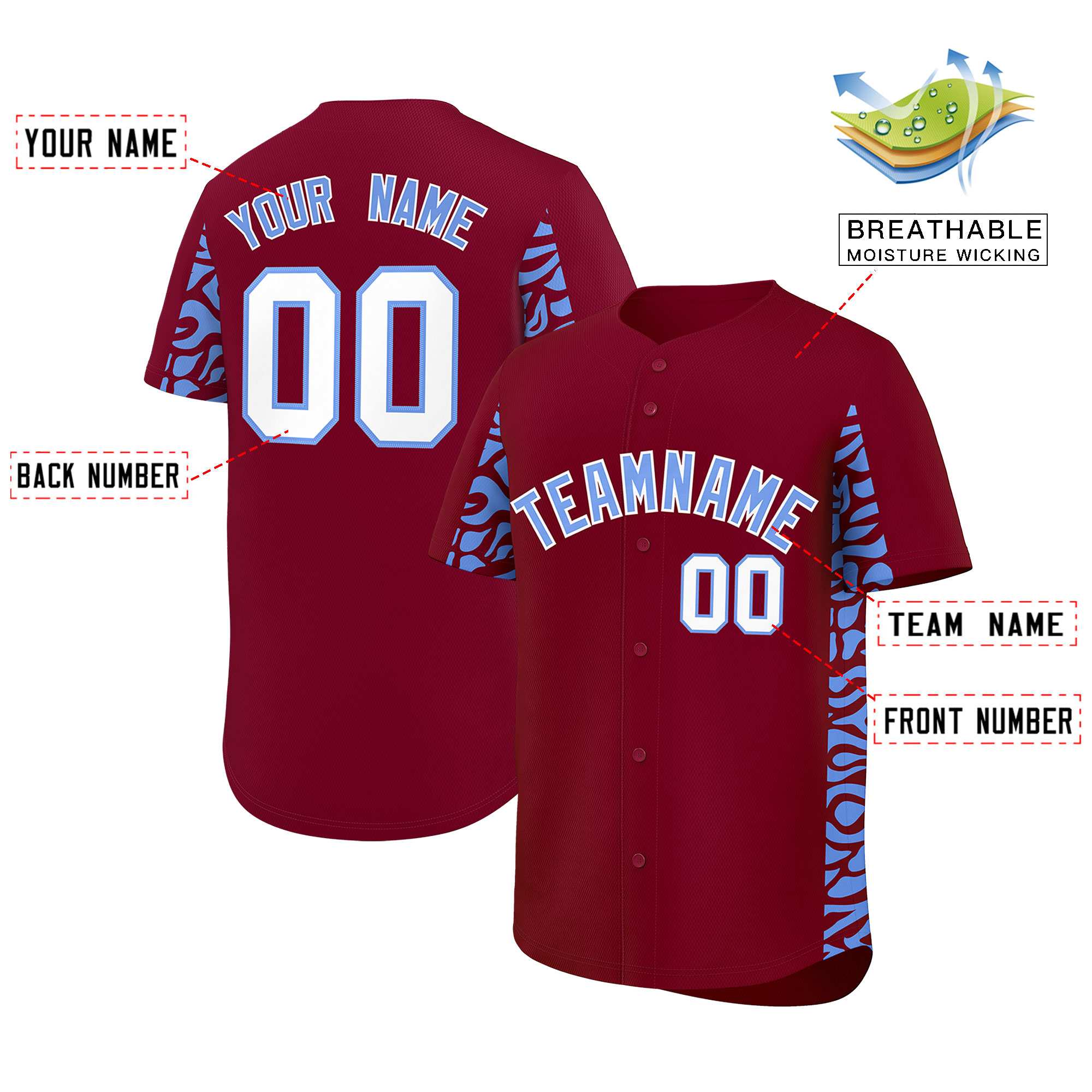 Custom Crimson Powder Blue Personalized Leopard Graffiti Pattern Side Design Authentic Baseball Jersey