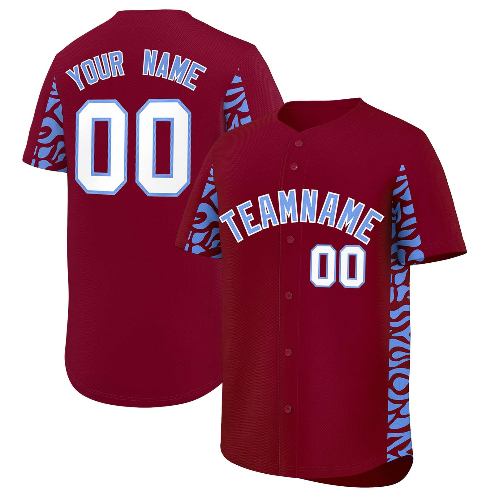 Custom Crimson Powder Blue Personalized Leopard Graffiti Pattern Side Design Authentic Baseball Jersey